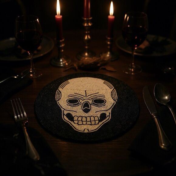 Halloween Beaded Skeleton Skull 15in Placemat Goth Spooky Haunted - Picture 13 of 13